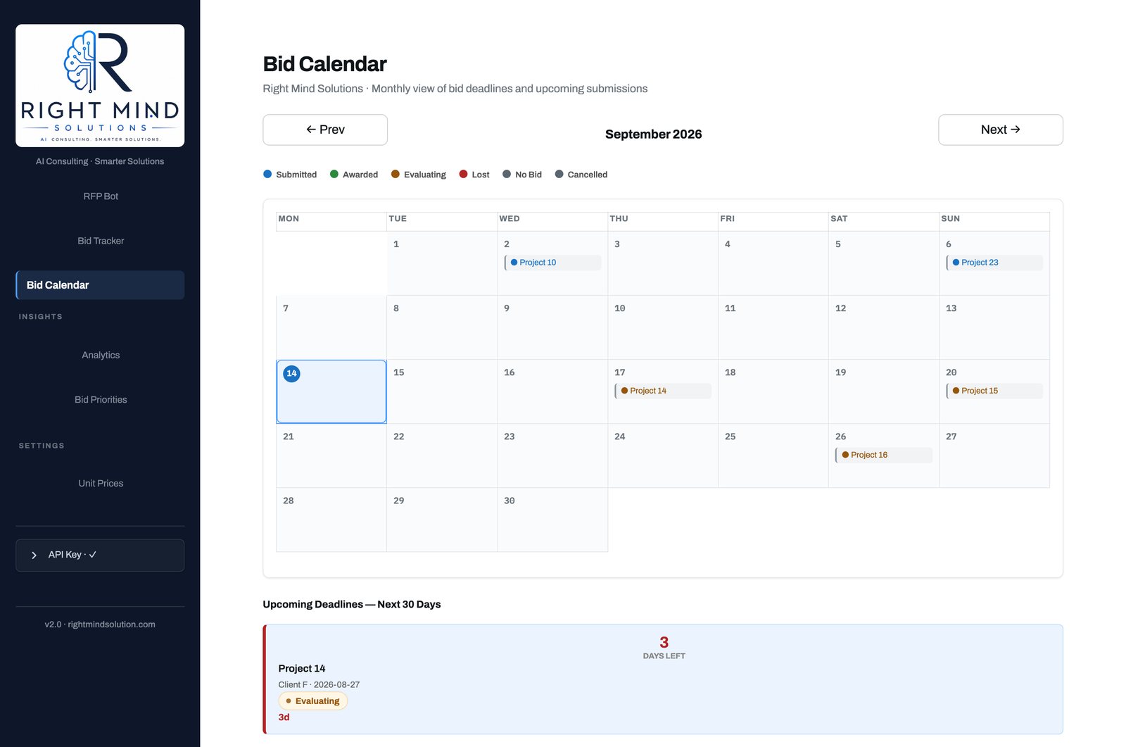 Bid Calendar month view with color-coded due dates, sample data