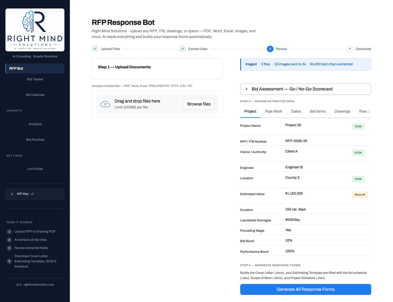 RFP Bot screen showing extracted project data with confidence ratings, sample data